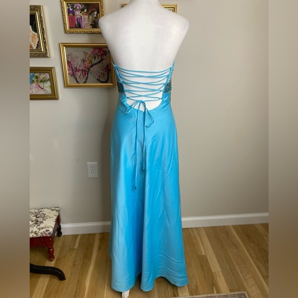 Vintage Y2K Cache Satin Beaded Strapless Long Blue Lace Up Back Dress Size 5/6 - Picture 6 of 12